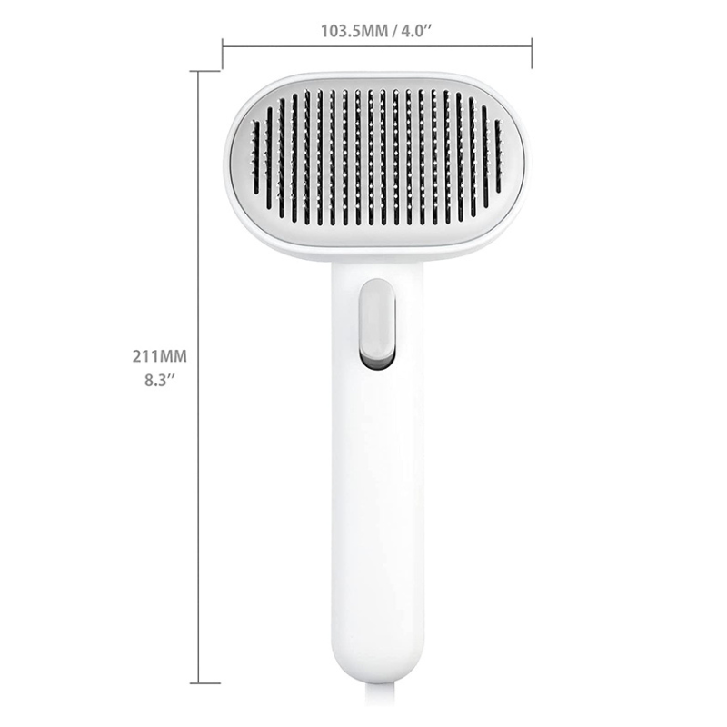 Self-cleaning cat deshedding brush for gentle pet grooming, removes loose fur & tangles, promotes feline hygiene.