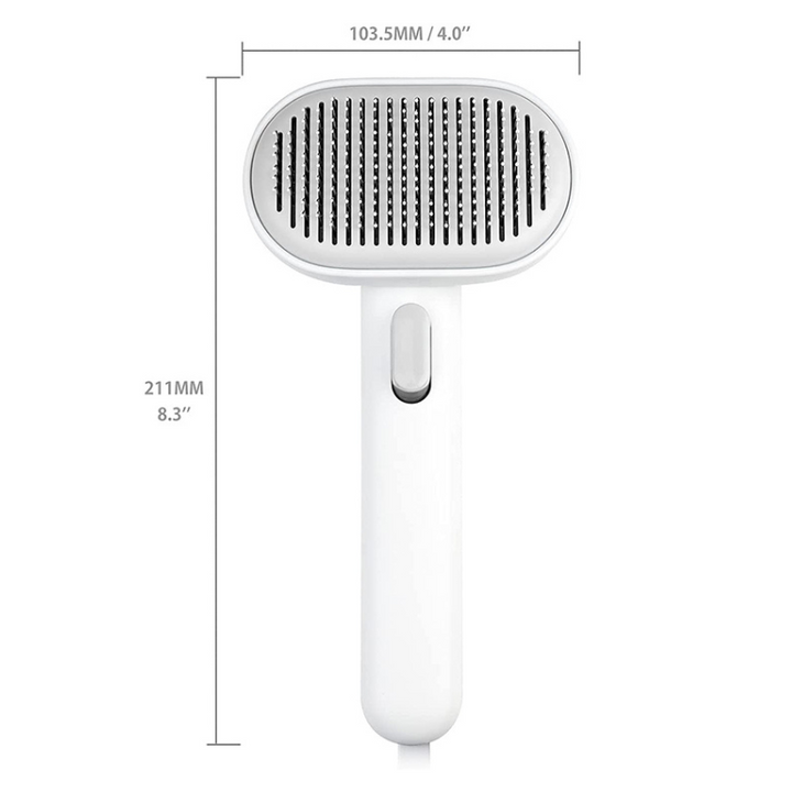 Self-cleaning cat deshedding brush for gentle pet grooming, removes loose fur & tangles, promotes feline hygiene.