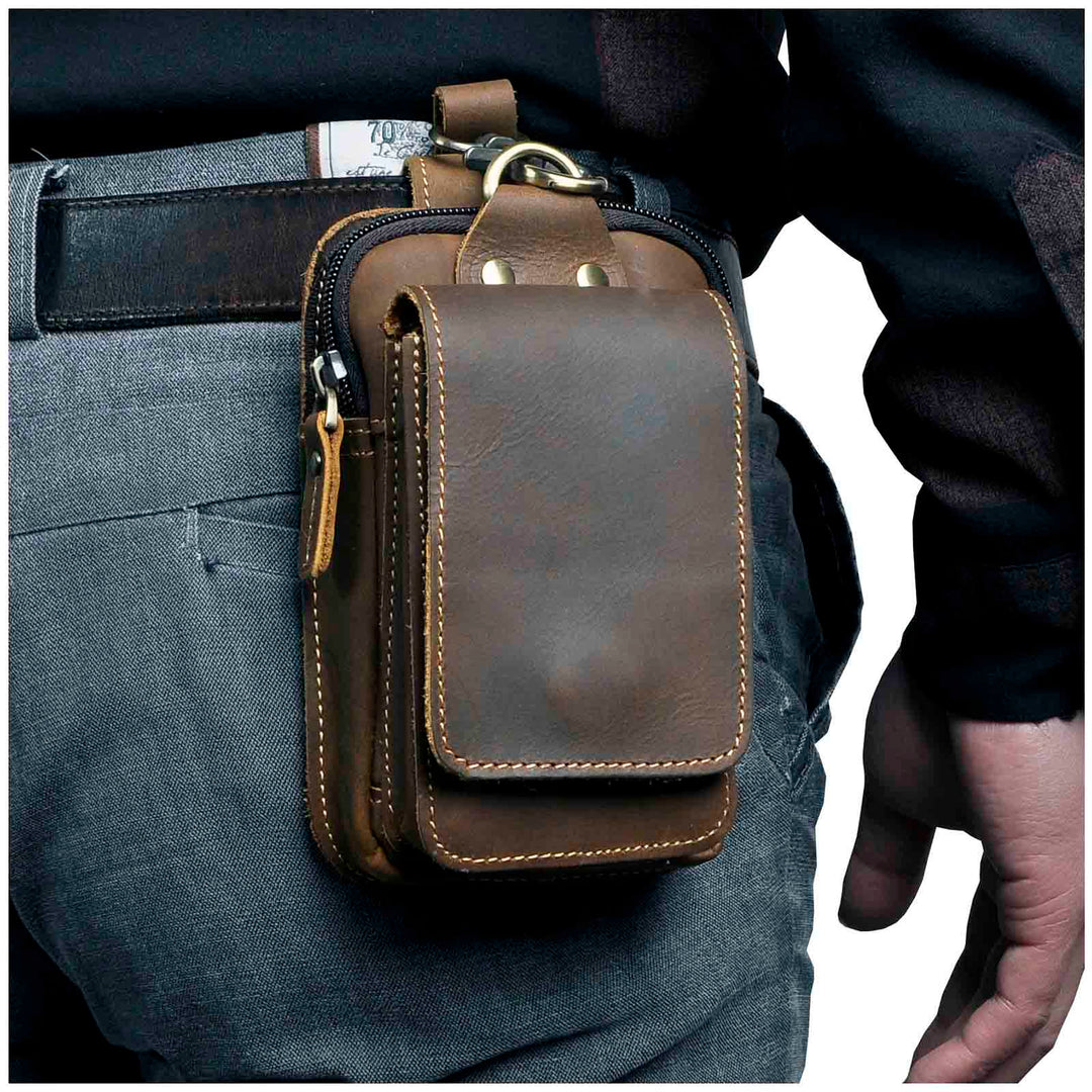 Genuine leather men's waist pack for hands-free everyday carry. Durable & stylish fanny pack accessory.