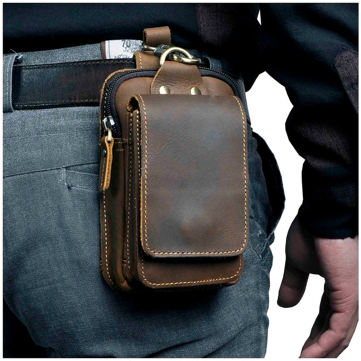 Genuine leather men's waist pack for hands-free everyday carry. Durable & stylish fanny pack accessory.