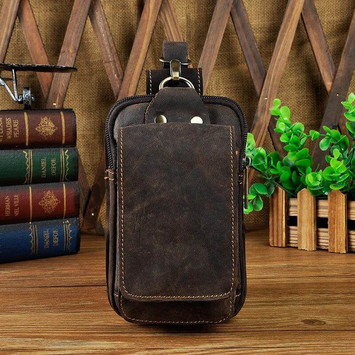 Secure genuine leather men's waist pack. Keeps essentials safe during travel & everyday adventures. Fanny pack.
