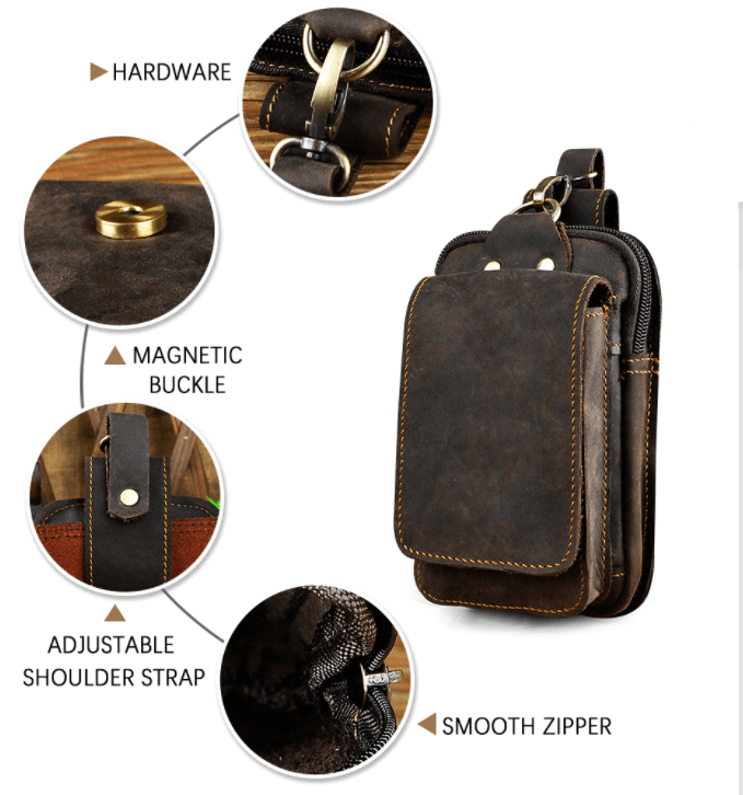 Rugged genuine leather men's waist pack. Long-lasting fanny pack for all your hands-free daily adventures.