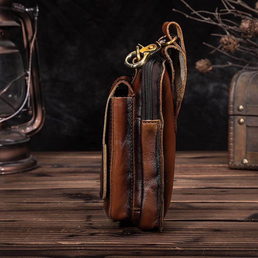 Man wearing a genuine leather waist pack, showcasing hands-free everyday carry. Stylish fanny pack accessory.