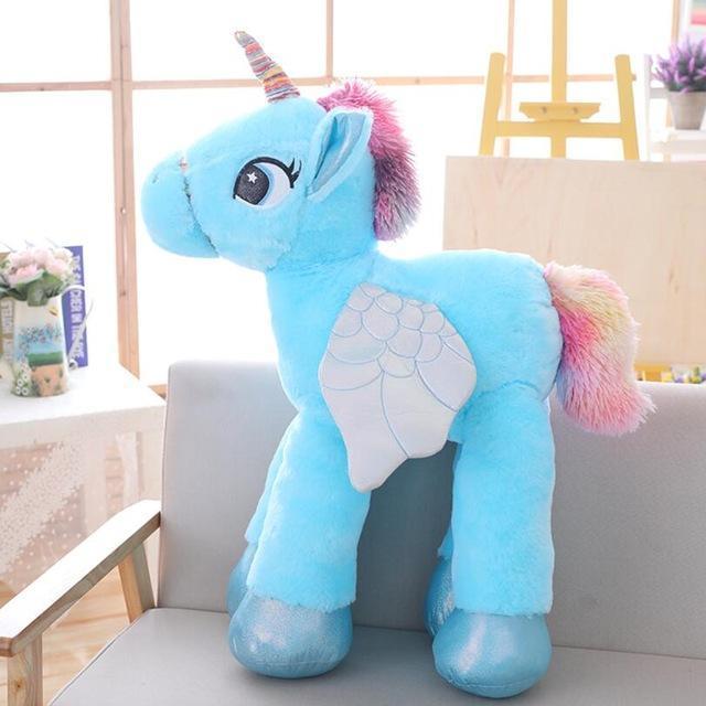 Large unisex unicorn stuffed animal plushie, available in pink, blue, or white, a magical comfort toy for kids.