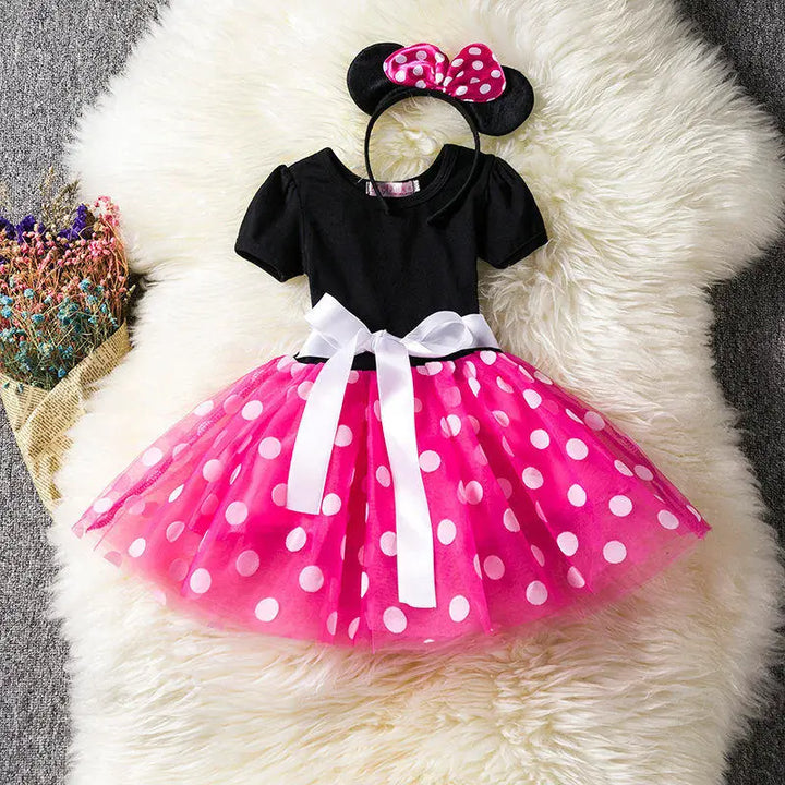Girls' Minnie Mouse costume: red polkadot dress, black belt, & ears headband. Perfect for dress-up & parties.