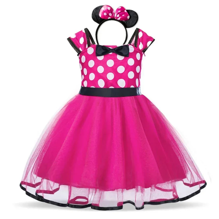 Girls' Minnie Mouse party costume: a cheerful polkadot dress & iconic ears headband for themed fun.
