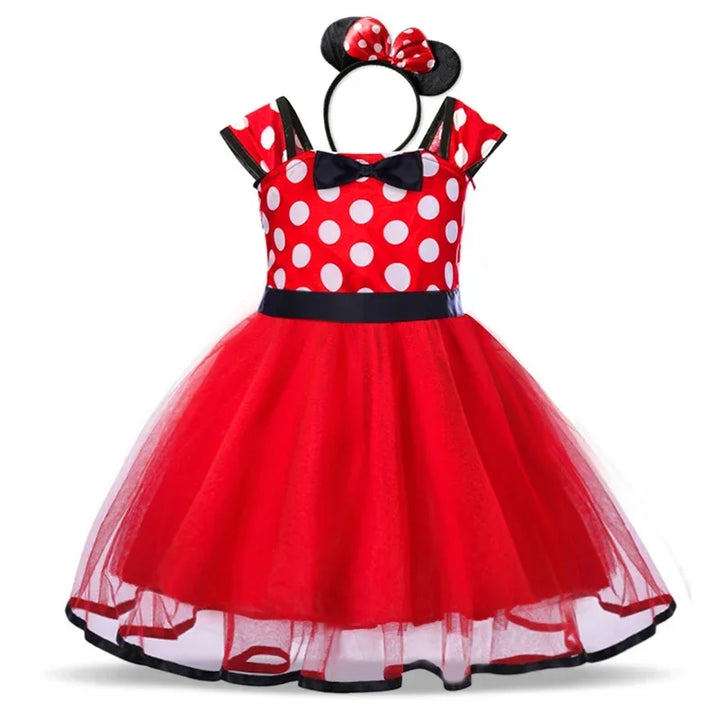 Complete Minnie Mouse costume set for girls, including a stylish polkadot dress & a charming ear headband.