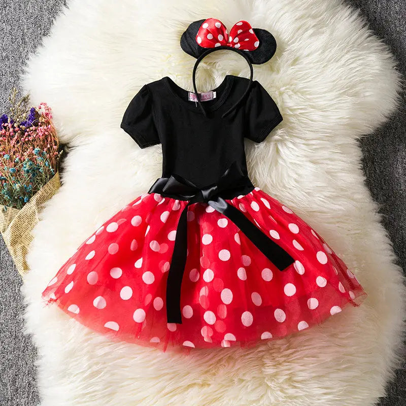 Toddler girls' Minnie Mouse birthday outfit: red polkadot dress, black bow headband for fun celebrations.
