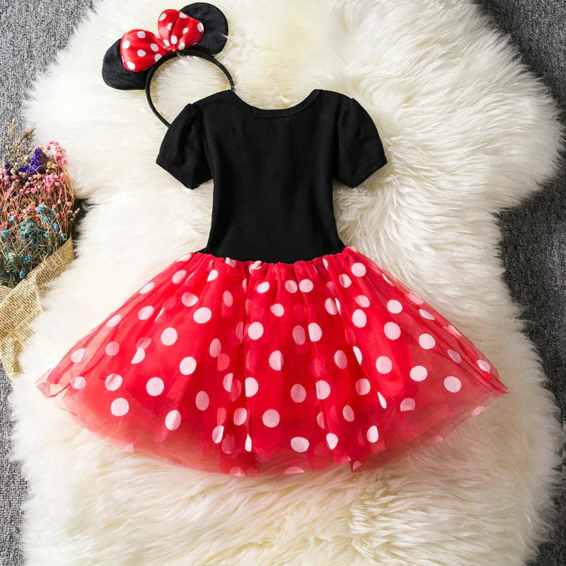 Kids' Minnie Mouse polkadot dress and ears headband set, ideal for dress-up play and themed events.