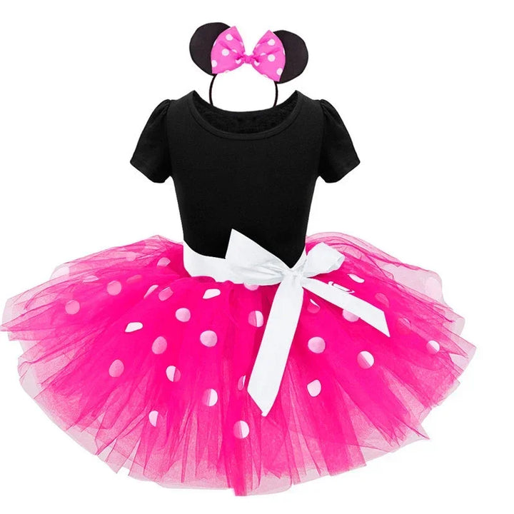 Full view of a girls' Minnie Mouse dress-up costume, complete with a polkadot dress and ears headband.