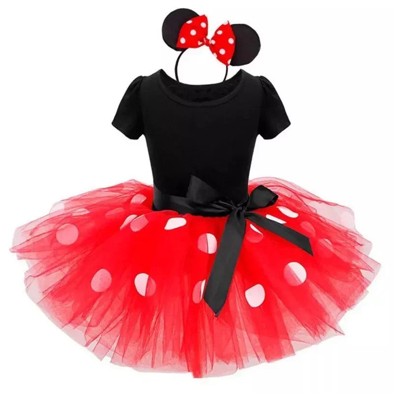Adorable Minnie Mouse kids' playwear costume: red polkadot dress, black belt, and matching ear headband.
