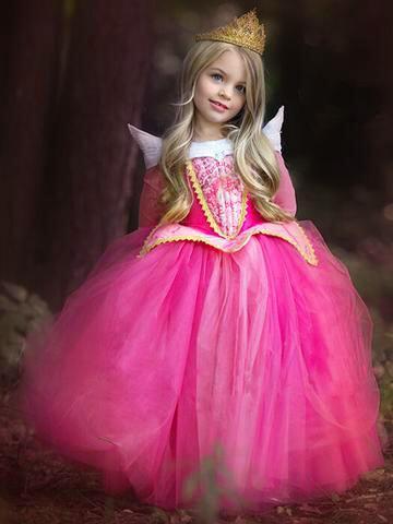Girls' Sleeping Beauty pink princess dress, perfect for fairytale play, birthday parties, or dress-up fun.