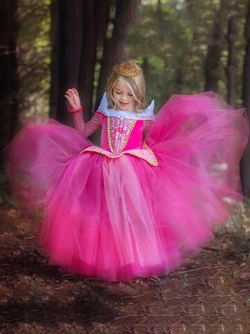 Enchanting pink Sleeping Beauty princess gown for girls, ideal as a fairytale play costume or birthday outfit.