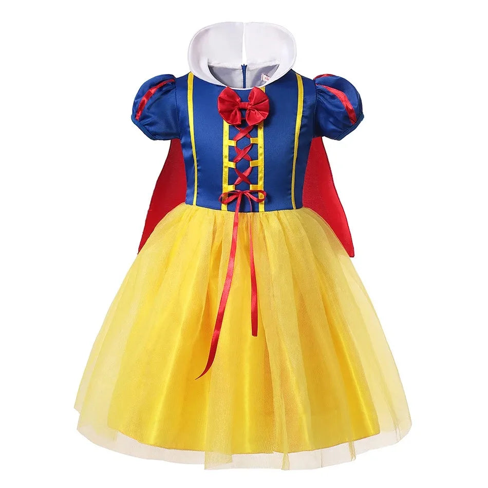 Girls' Snow White princess dress costume with cape, tiara & accessories for dress-up fun.