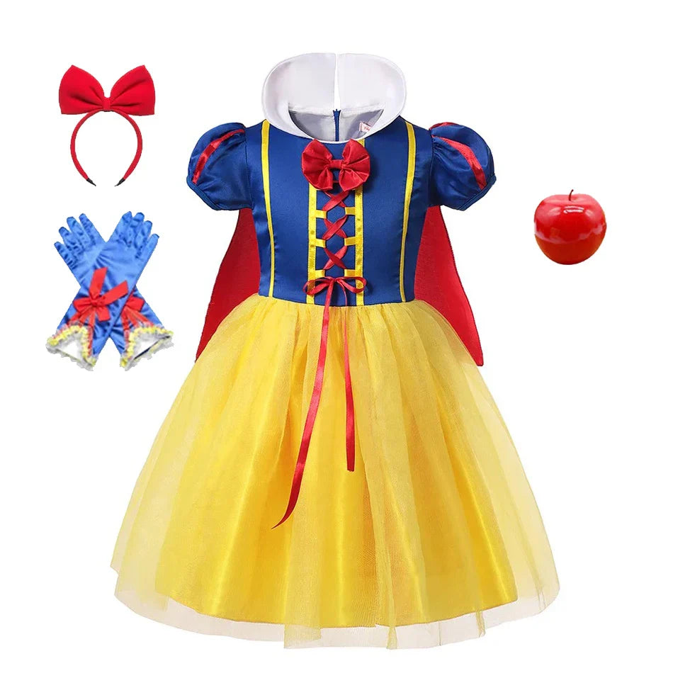 Fairy tale Snow White outfit, a complete girls' princess dress set with cape and tiara.