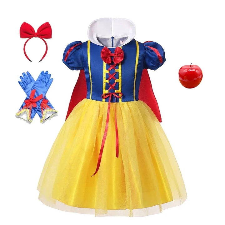 Fairy tale Snow White outfit, a complete girls' princess dress set with cape and tiara.