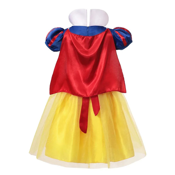 Full Snow White girls' costume featuring a vibrant dress, flowing cape, and crown tiara.