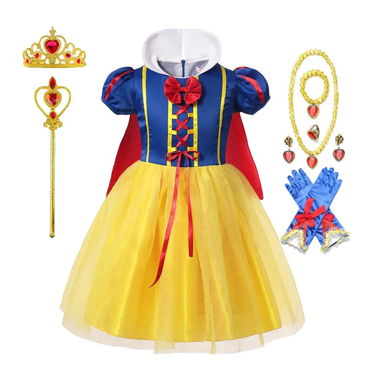 Authentic Snow White princess outfit for girls, including dress, cape, and matching accessories.