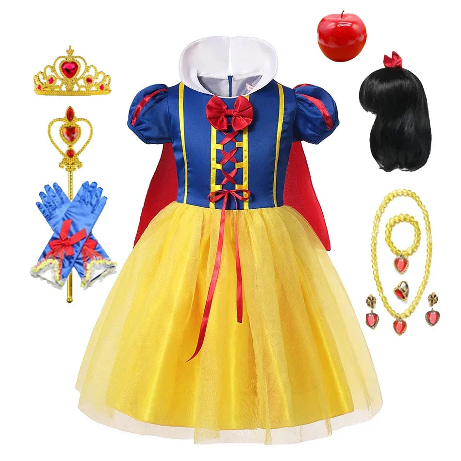 Little girl's Snow White princess attire, featuring a beautiful dress, cape, and sparkly tiara.