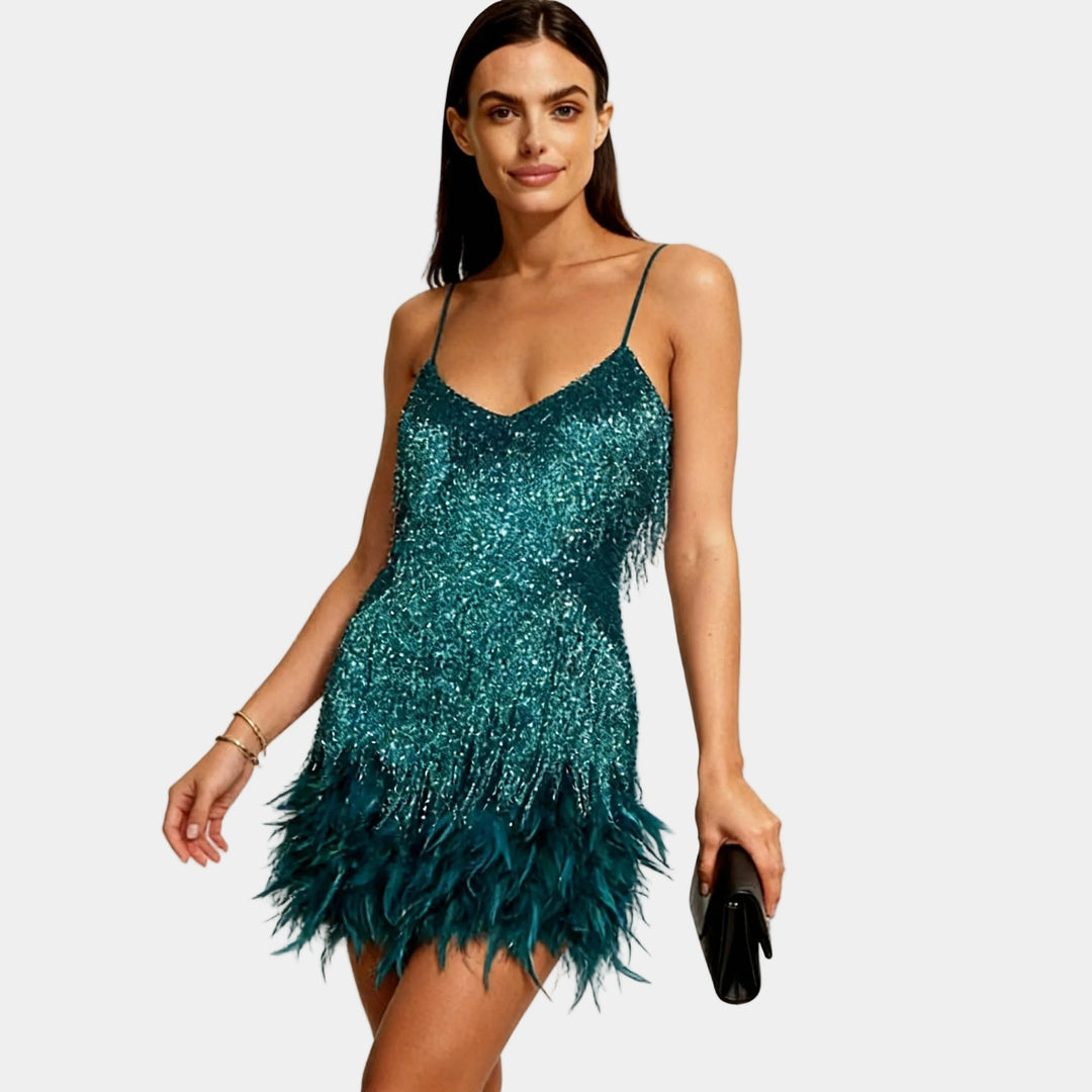 Elegant women's evening dress: a sequin mini with luxurious feather embellishments.