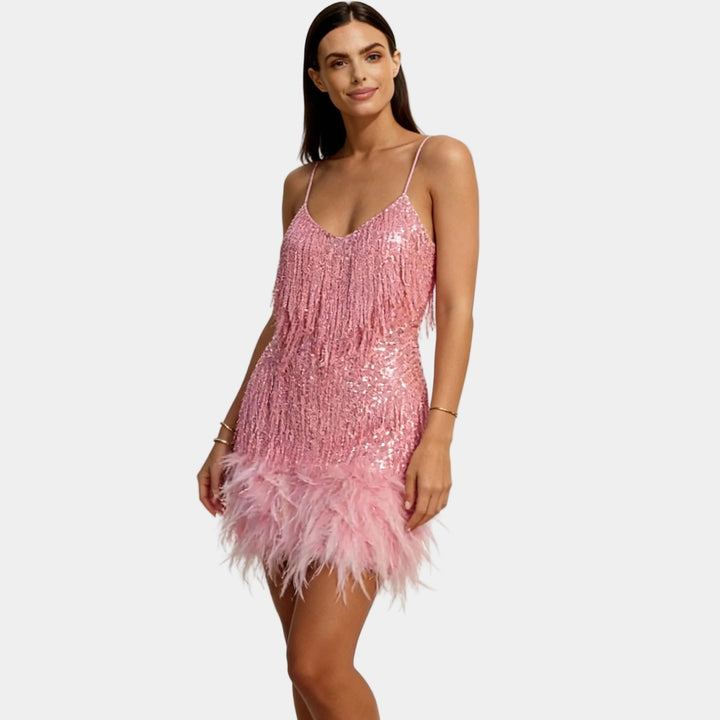 High-fashion women's party dress, a sequin mini with unique feather detailing.