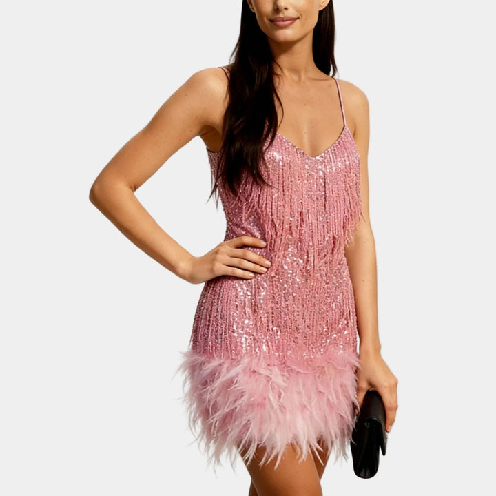 Shimmering sequin feather dress, a must-have glamorous mini for women's evening wear.
