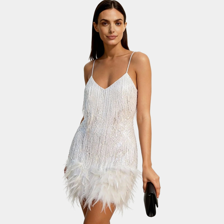 Stylish women's cocktail dress, a sequin and feather combination, ideal for parties.