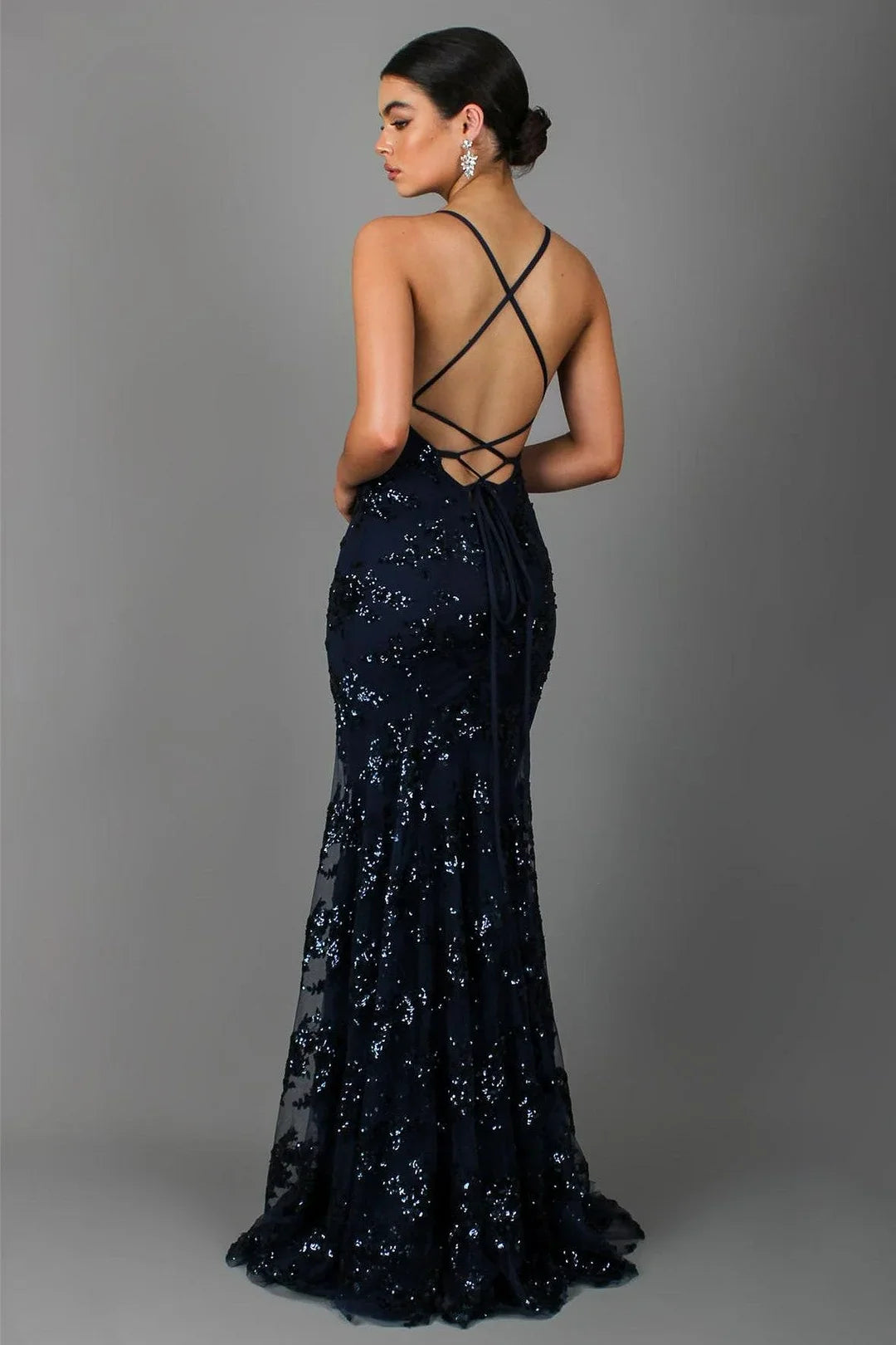 Elegant blue sequin V-neck backless maxi dress for women, perfect for special occasion fashion.