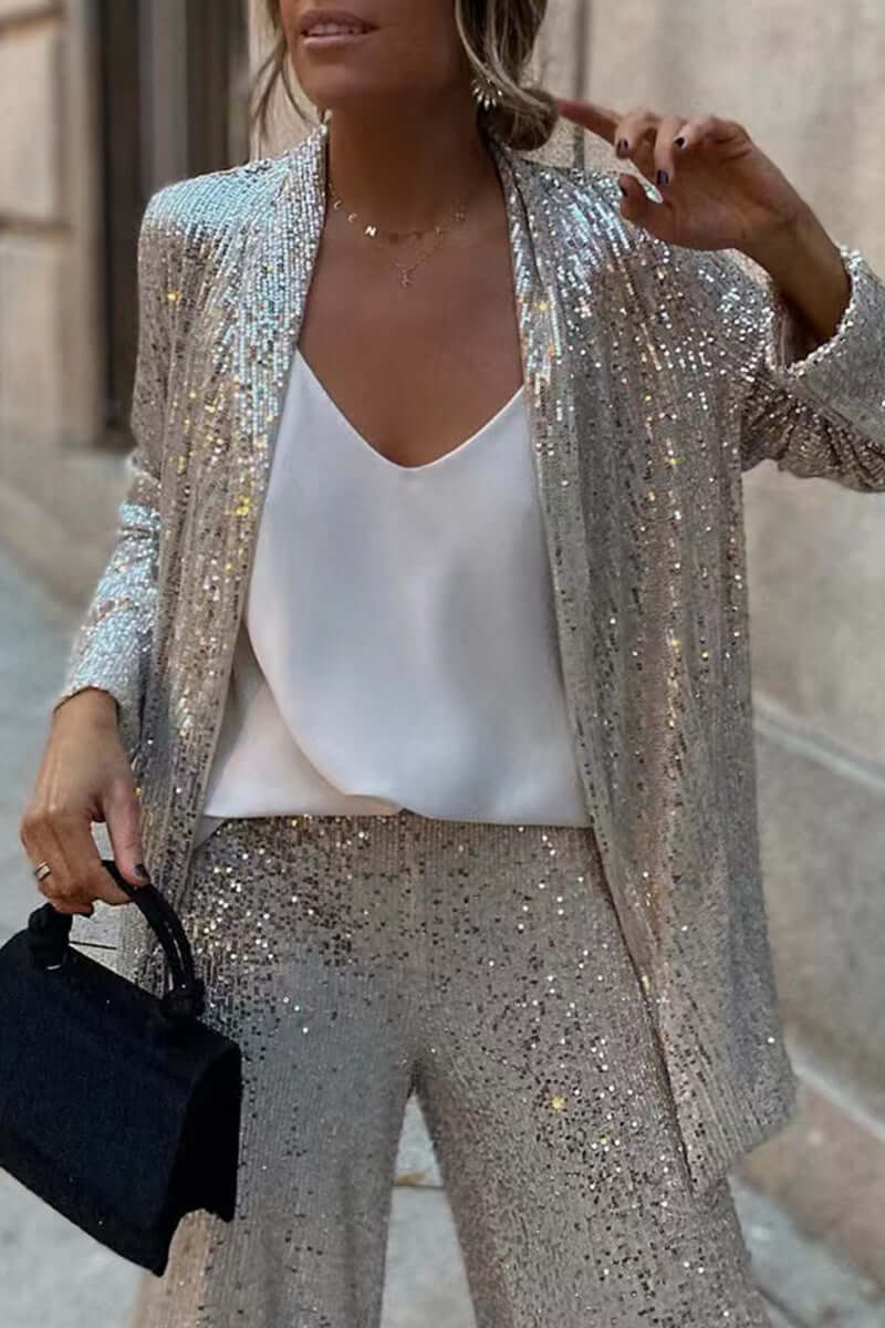 Sparkling women's sequin suit set. Perfect glamorous two-piece long-sleeve & wide-leg outfit for party occasions.