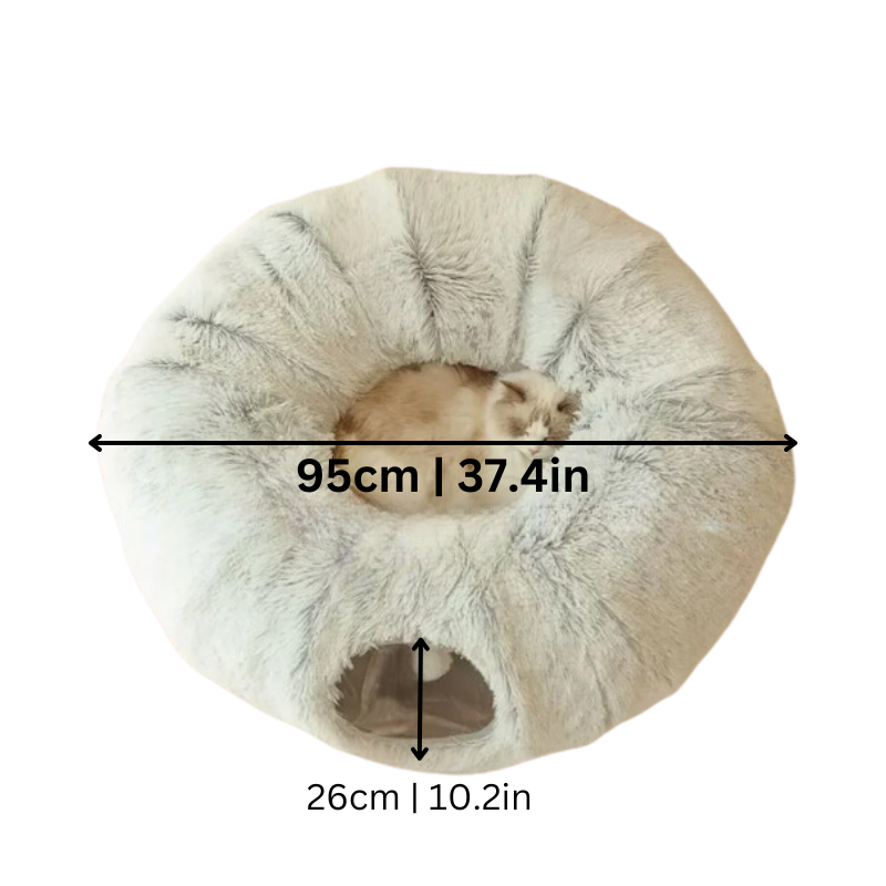 Interactive plush cat tunnel bed for indoor cats. Provides a cozy hideaway for play, rest, and comfort.