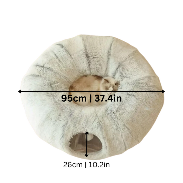 Interactive plush cat tunnel bed for indoor cats. Provides a cozy hideaway for play, rest, and comfort.