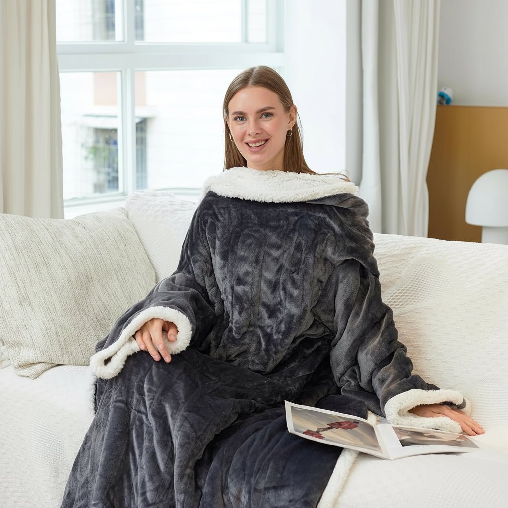 Gray unisex wearable heated sherpa fleece throw blanket for cozy comfort & warmth, perfect for home relaxation.