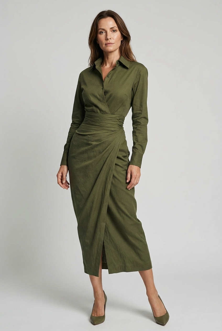 Green elegant ruched wrap midi dress with shirt collar & long sleeves, perfect for work or formal events.