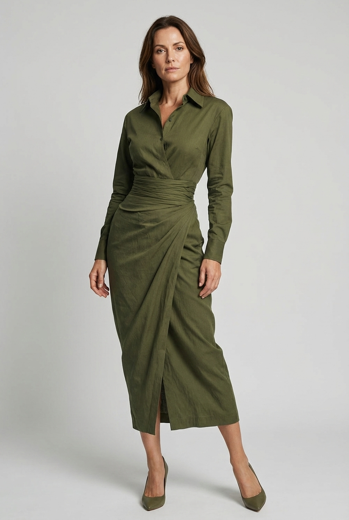 Green elegant ruched wrap midi dress with shirt collar & long sleeves, perfect for work or formal events.