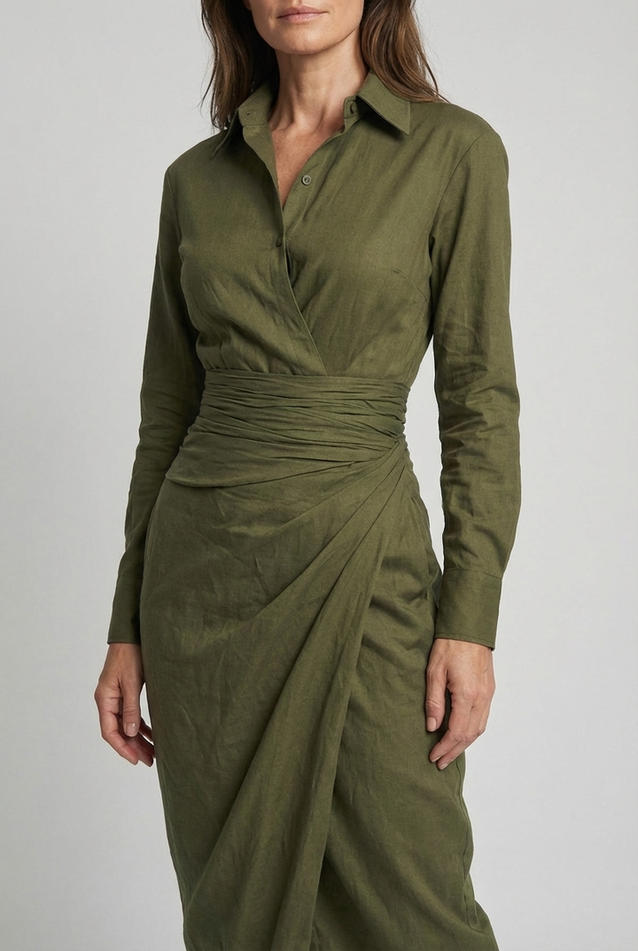 Women's asymmetrical green wrap midi dress with ruched details & shirt collar for elegant special occasions.