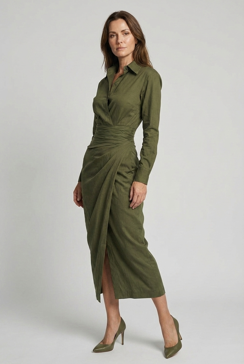 Stylish long sleeve green wrap midi dress with ruched bodice & collar, ideal for formal wear or work.