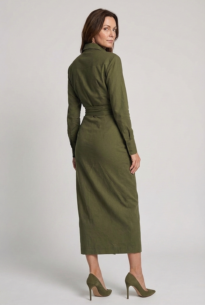 Elegant women's green ruched wrap midi dress with a shirt collar & asymmetrical hem for sophisticated fashion.