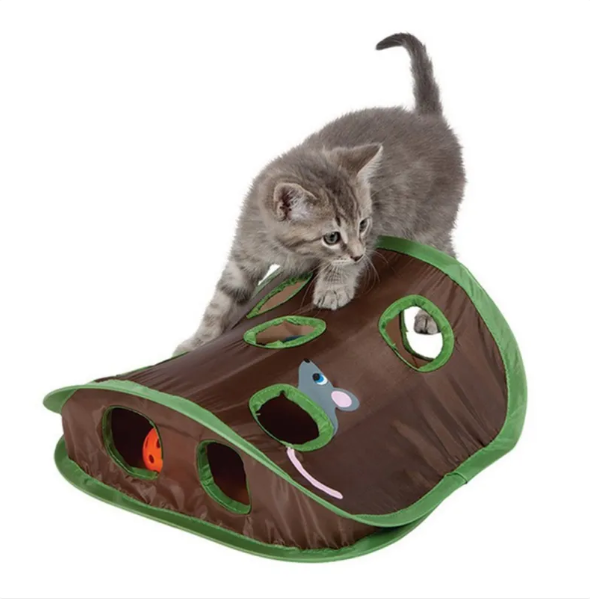 Green interactive cat tent with multiple play toys, perfect for feline enrichment & indoor cat play.