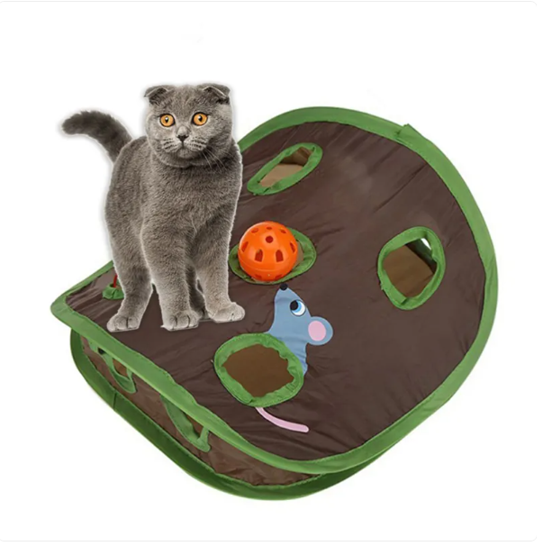 Happy cat playing inside a green foldable interactive cat tent, enjoying the hanging toys in its pet cave.