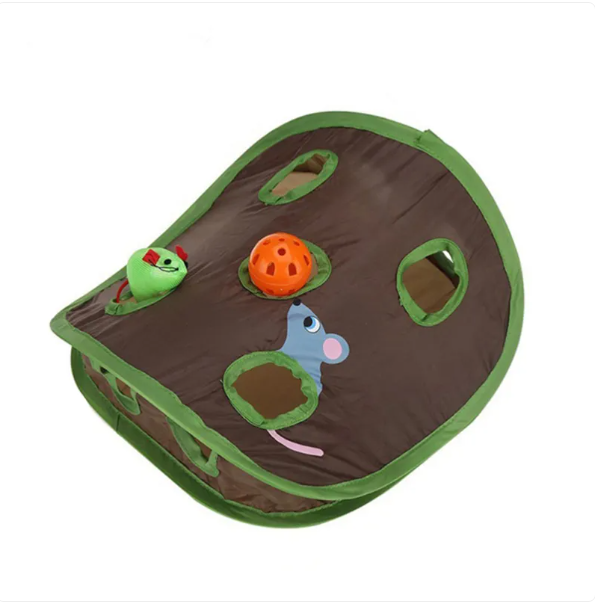 Stylish green cat tent with hanging toys, adding fun & enrichment to any indoor cat's living space.