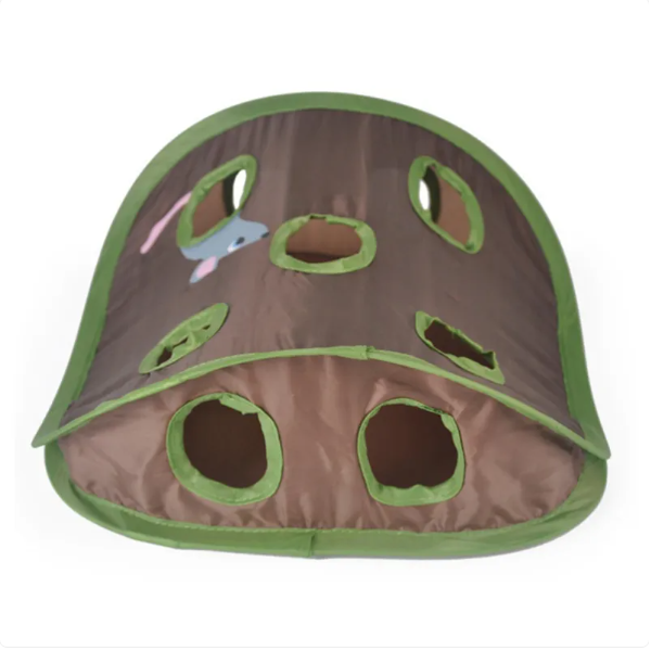 Green interactive cat tent showing various features for play & rest, a complete feline enrichment toy for indoor cats.