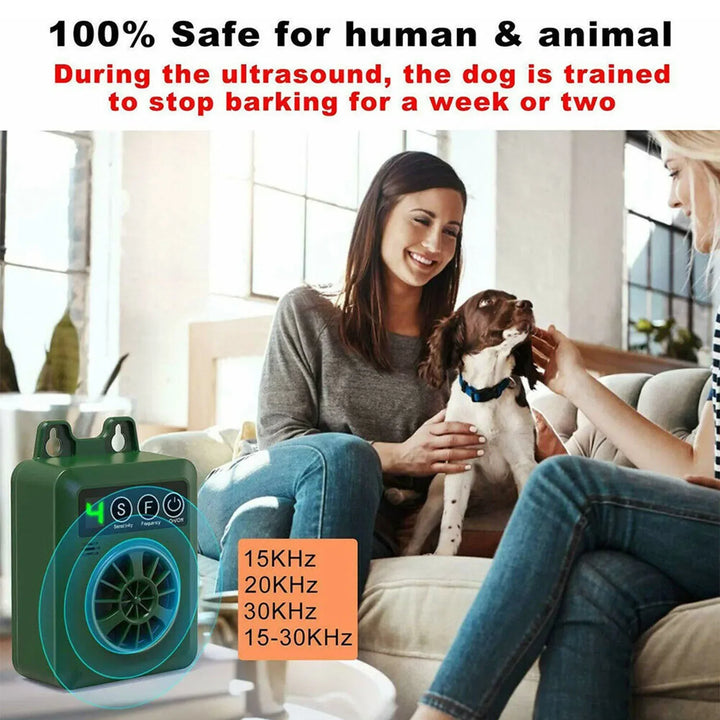 Outdoor green ultrasonic dog control device to stop barking. Weather-resistant pet training supplies.