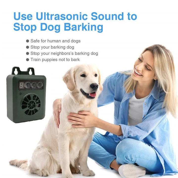 Efficient outdoor ultrasonic anti-bark training device, green, for humane dog bark control.