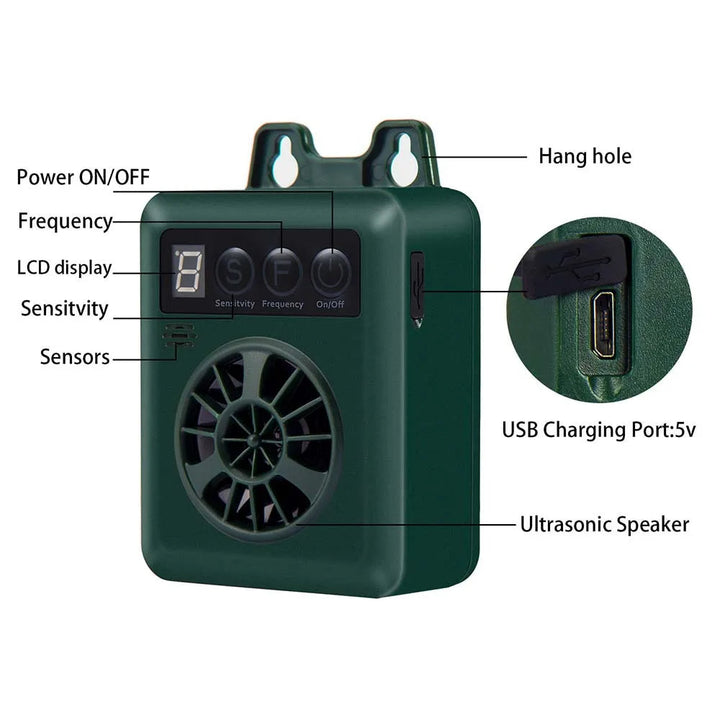 Green weather-resistant pet supplies: Ultrasonic dog bark control for outdoor anti-bark training.