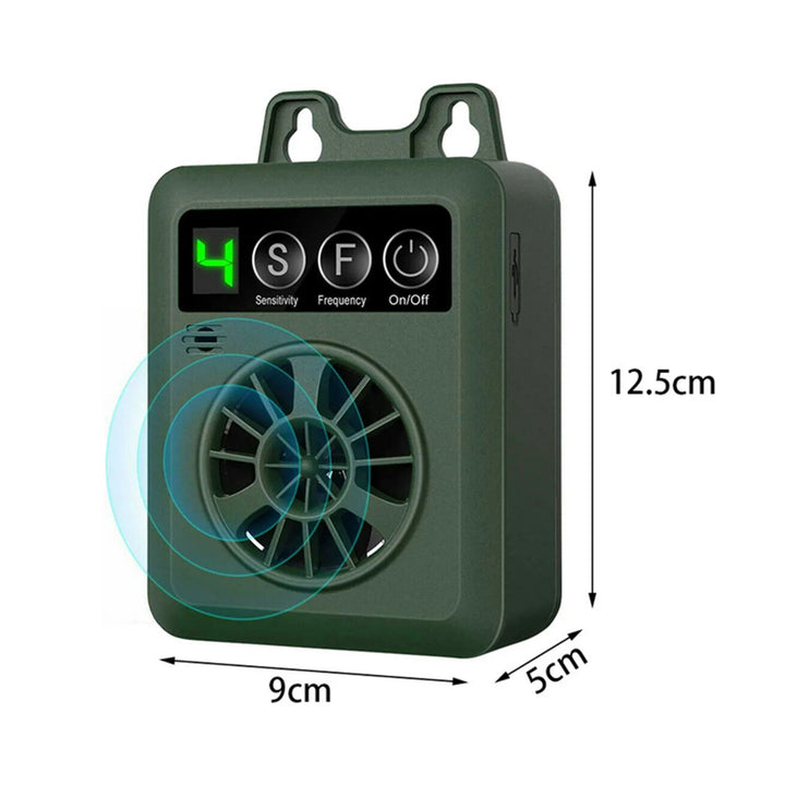 Outdoor dog bark control: Green ultrasonic device, weather-resistant, for humane pet training.