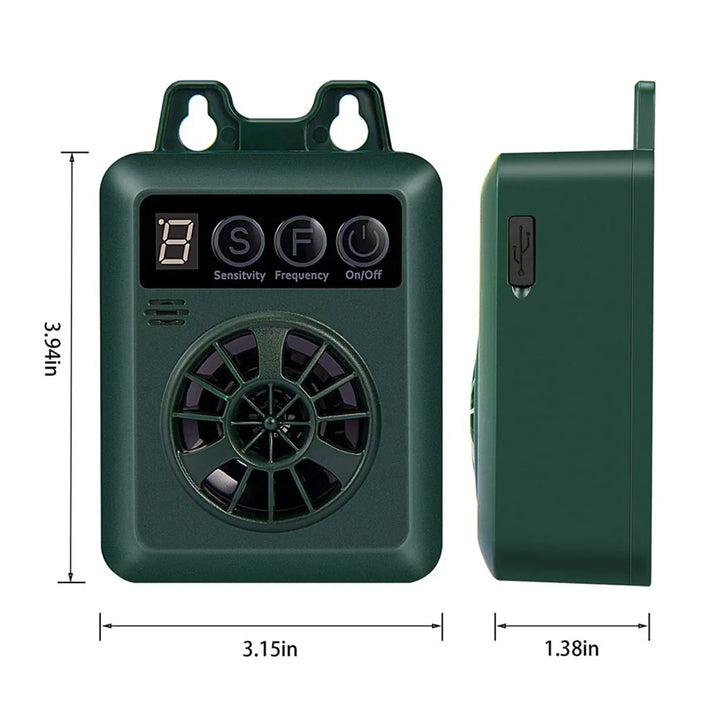 Advanced green ultrasonic anti-bark device for outdoor use. Humane weather-resistant dog training.