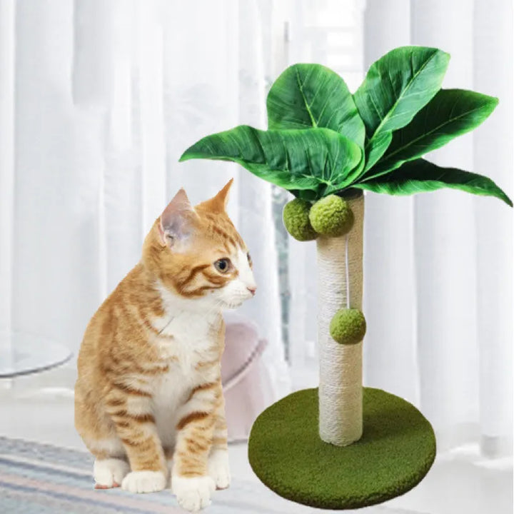 Green palm tree cat scratching post with durable sisal rope & dangling play balls for engaging cat play.