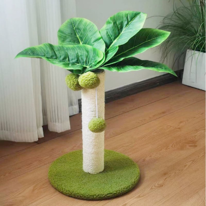 Interactive cat scratcher shaped like a palm tree with sisal rope & toy balls, fun pet furniture for cats.