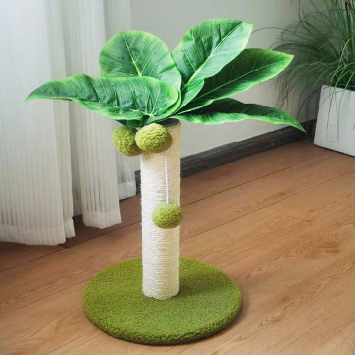 Interactive cat scratcher shaped like a palm tree with sisal rope & toy balls, fun pet furniture for cats.