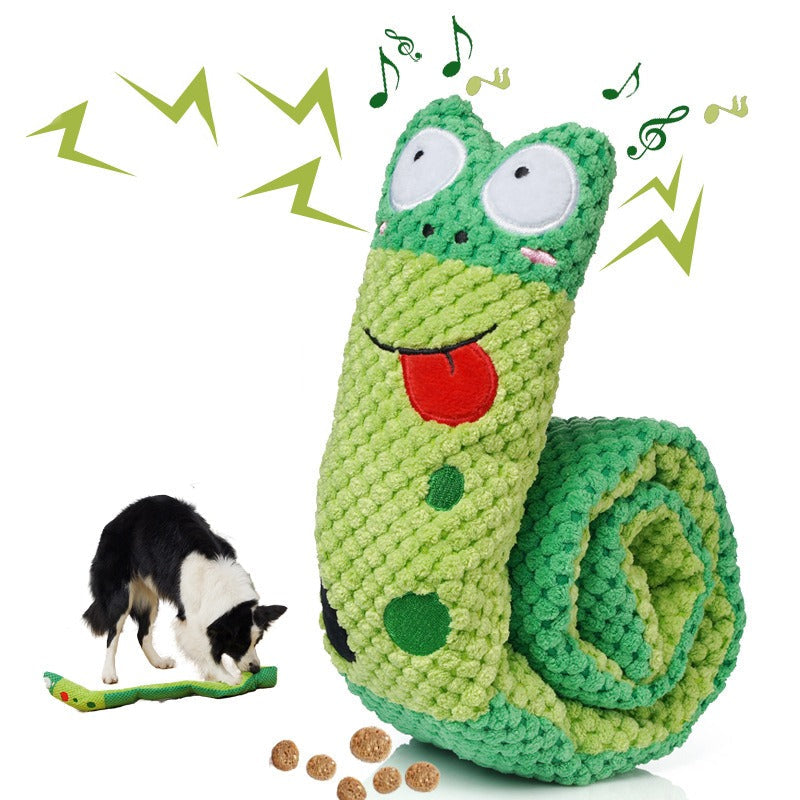 Green SnuffleSnake dog puzzle toy for mental stimulation & slow feeding. Interactive pet enrichment snuffle mat.